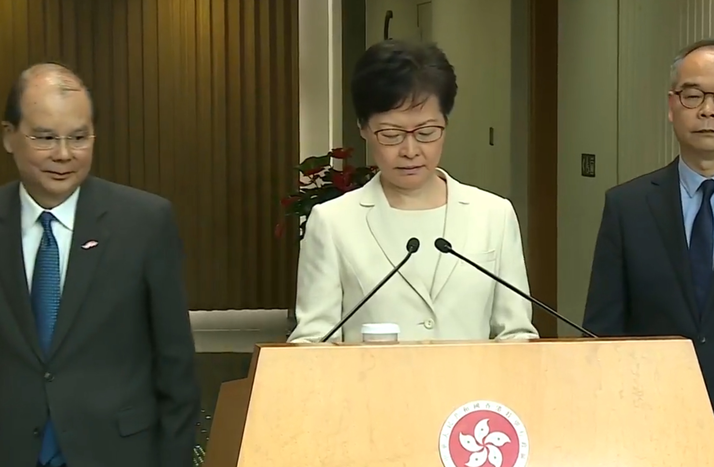 Chief Executive Carrie Lam speaks to the press this morning after her surprise withdrawal of a despised extradition bill last night. Screengrab via Facebook/RTHK.