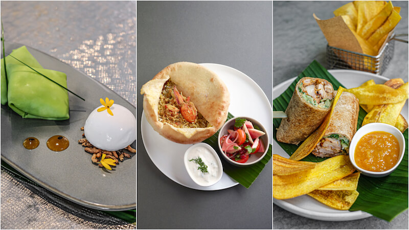 Pandan crepe, lobster biryani, and tandoori chicken wrap. Photos: Como Cuisine