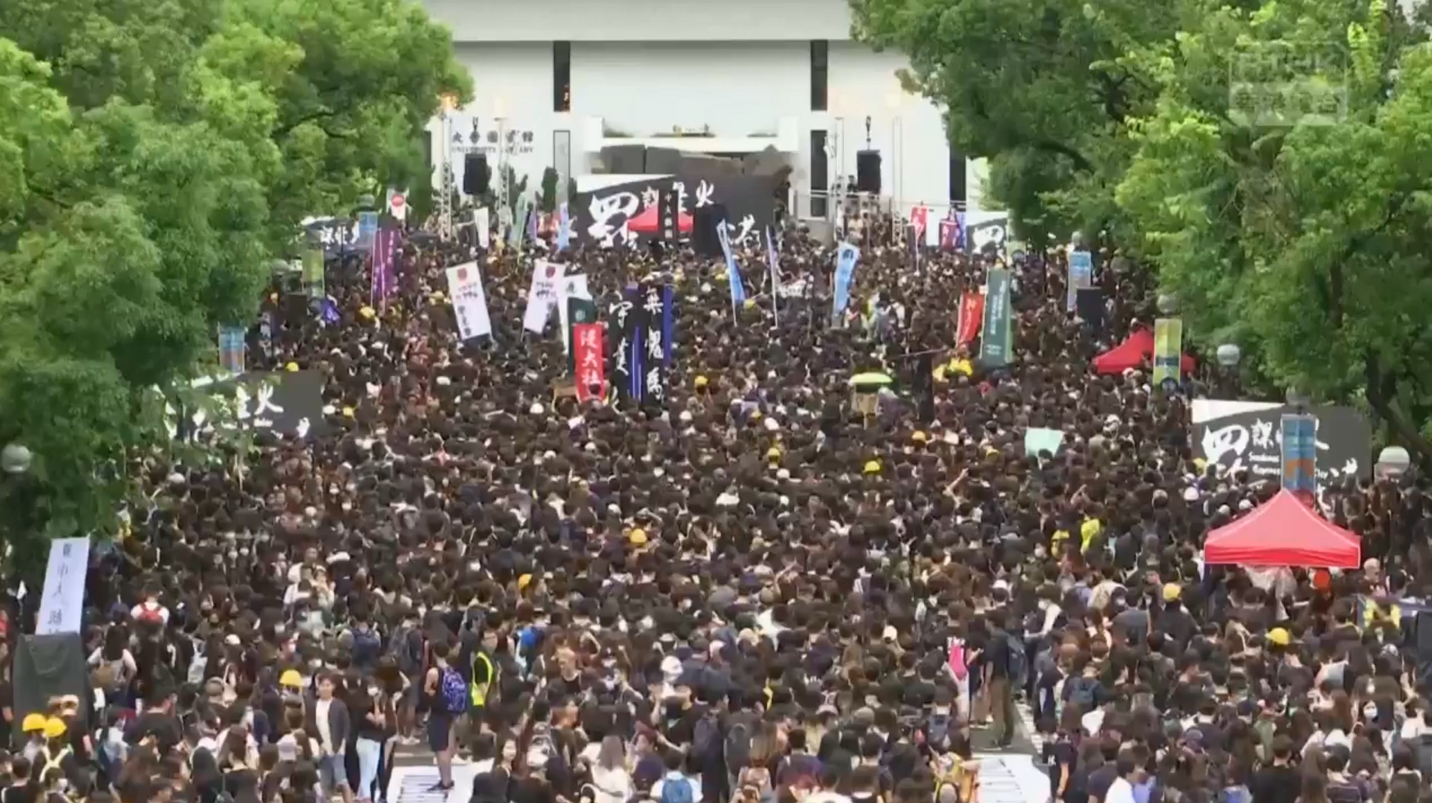 Students gather today as part of a class boycott at the Chinese University of Hong Kong. Screengrab via Facebook/RTHK.