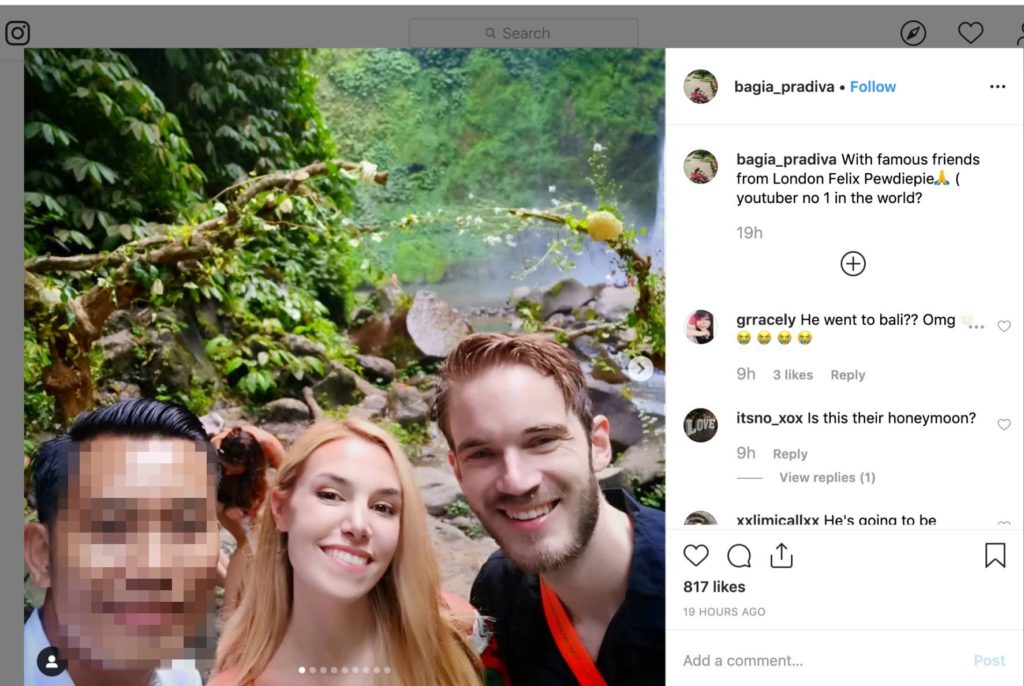 A screenshot of Bagia's Instagram post with PewDiePie and Marzia in Bali. Bagia has since placed his account on private. 