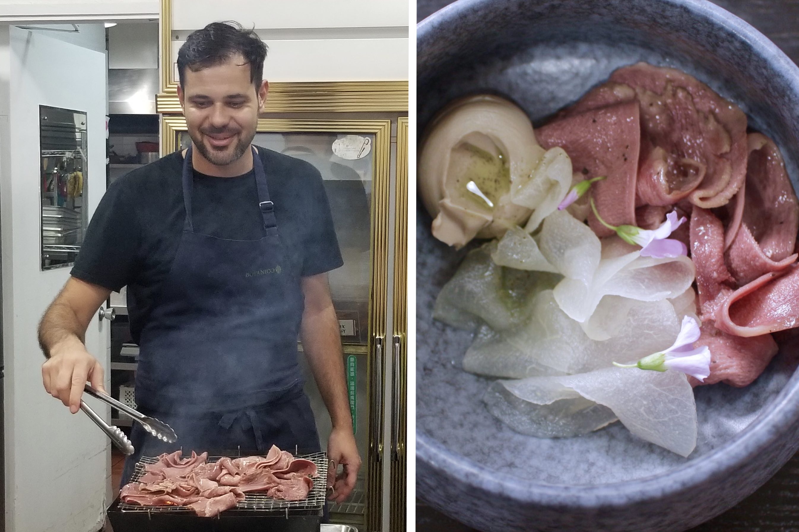 Antonio Oviedo of Relish demonstrates the making of his Wagyu tongue with smoked mackerel and pickled Nashi pear dish. <i></noscript>Photos: Vicky Wong</i>