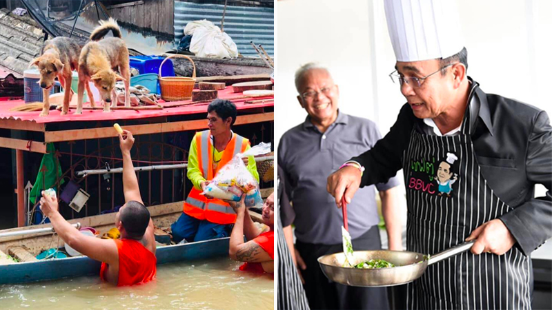 At left, monks and rescuers deliver food to flood victims. On the same day, at right, Prayuth stir-fries vegetables at a southern cooking school. Photos: Phannipamomay / Twitter, Wassana Nanuam / Facebook
