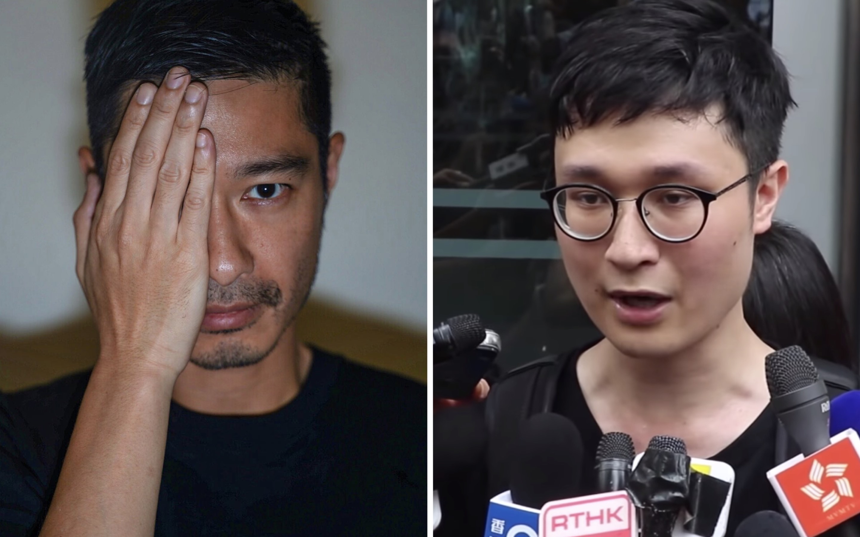 Actor Gregory Wong (left) and pro-democracy activist (right) were arrested this morning for in connection with the July 1 protest which saw demonstrators storm into the Legislative Council on July 1. Photos and screengrabs via Facebook/Gregory Wong and YouTube.