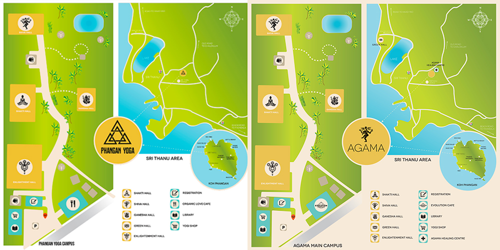 Phangan Yoga’s online map, at left, and on the Agama site, at right.