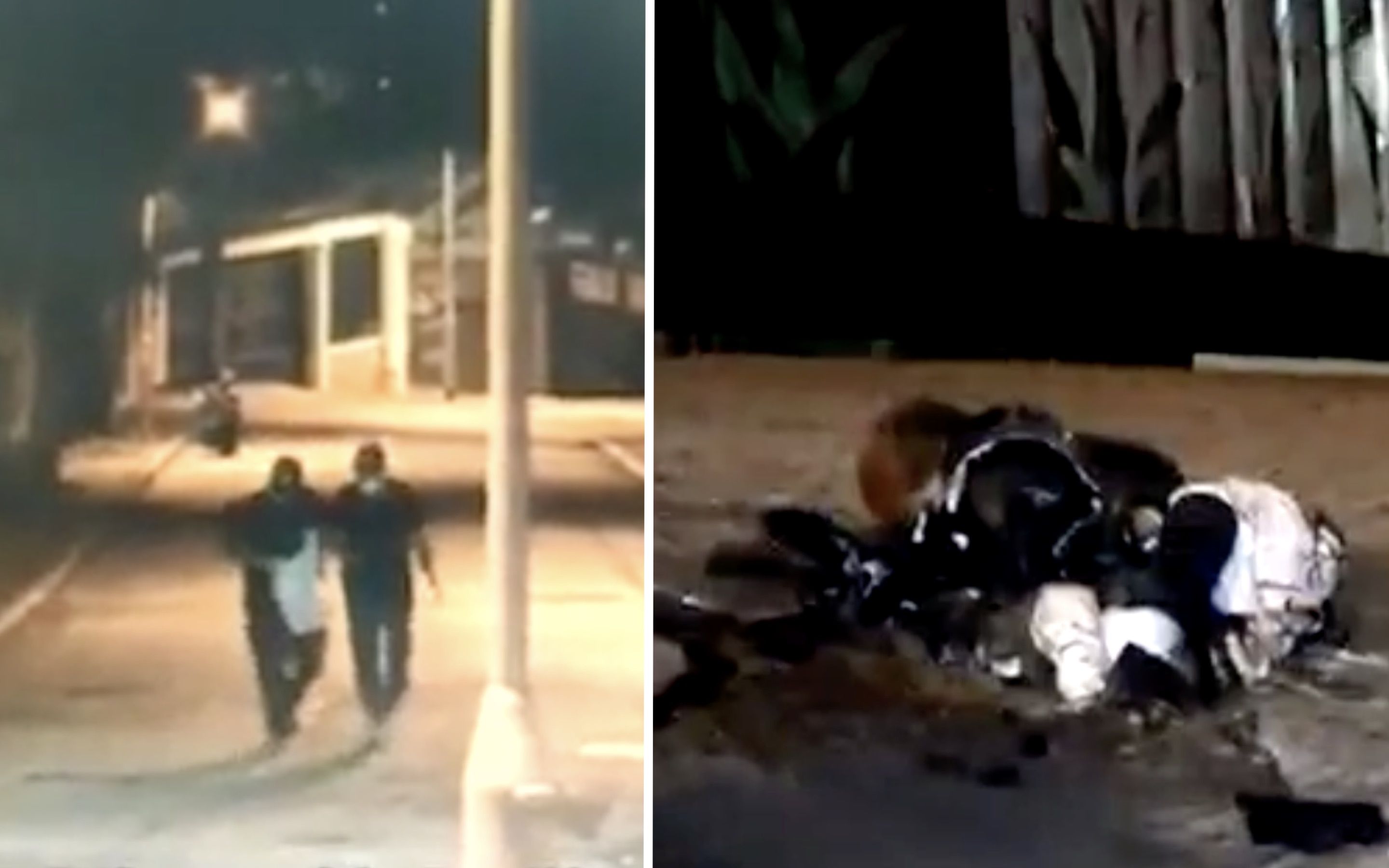 (Left) CCTV footage shows three men carrying a white bag walking towards the home of media tycoon Jimmy Lai before throwing two molotov cocktails (right) at his home. Screengrabs via YouTube.