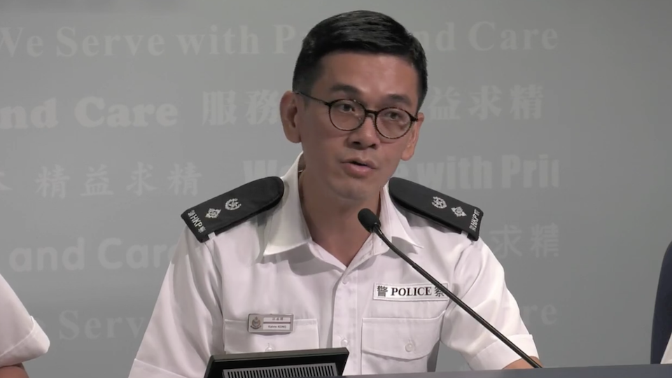 Police Superintendent Kong Wing-cheung addresses reporters during a Monday, Sept. 16, press briefing. Screenshot: Hong Kong Police Facebook page