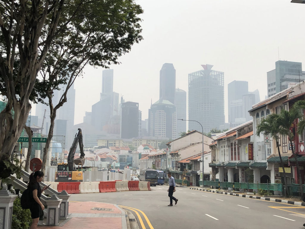 View of Singapore's hazy skyline from Neil Road. 