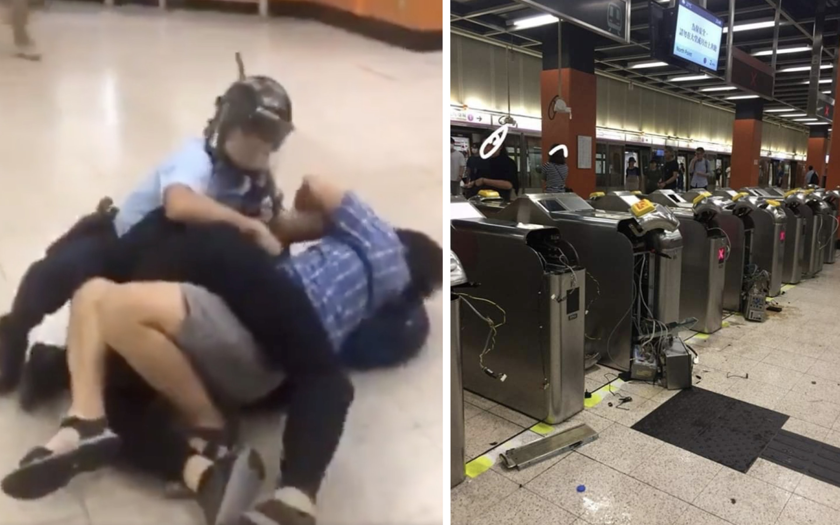 (Left) Police officer subdues two protesters at Po Lam MTR station (right) damaged ticket turnstiles at Po Lam. Screengrab and photos via Twitter and Facebook/梁效輝.