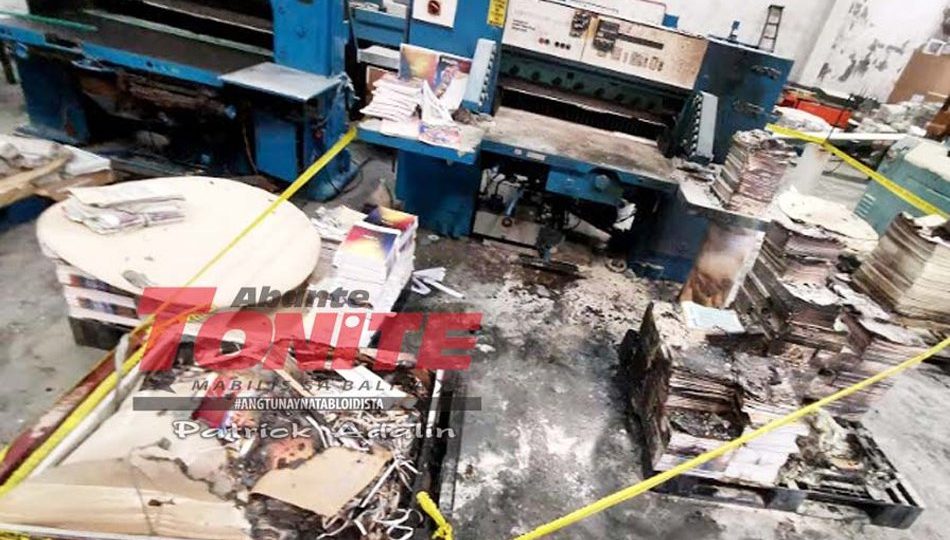Abante’s printing press after it was burned down. <i></noscript>Photo: Abante Tonite</i> 