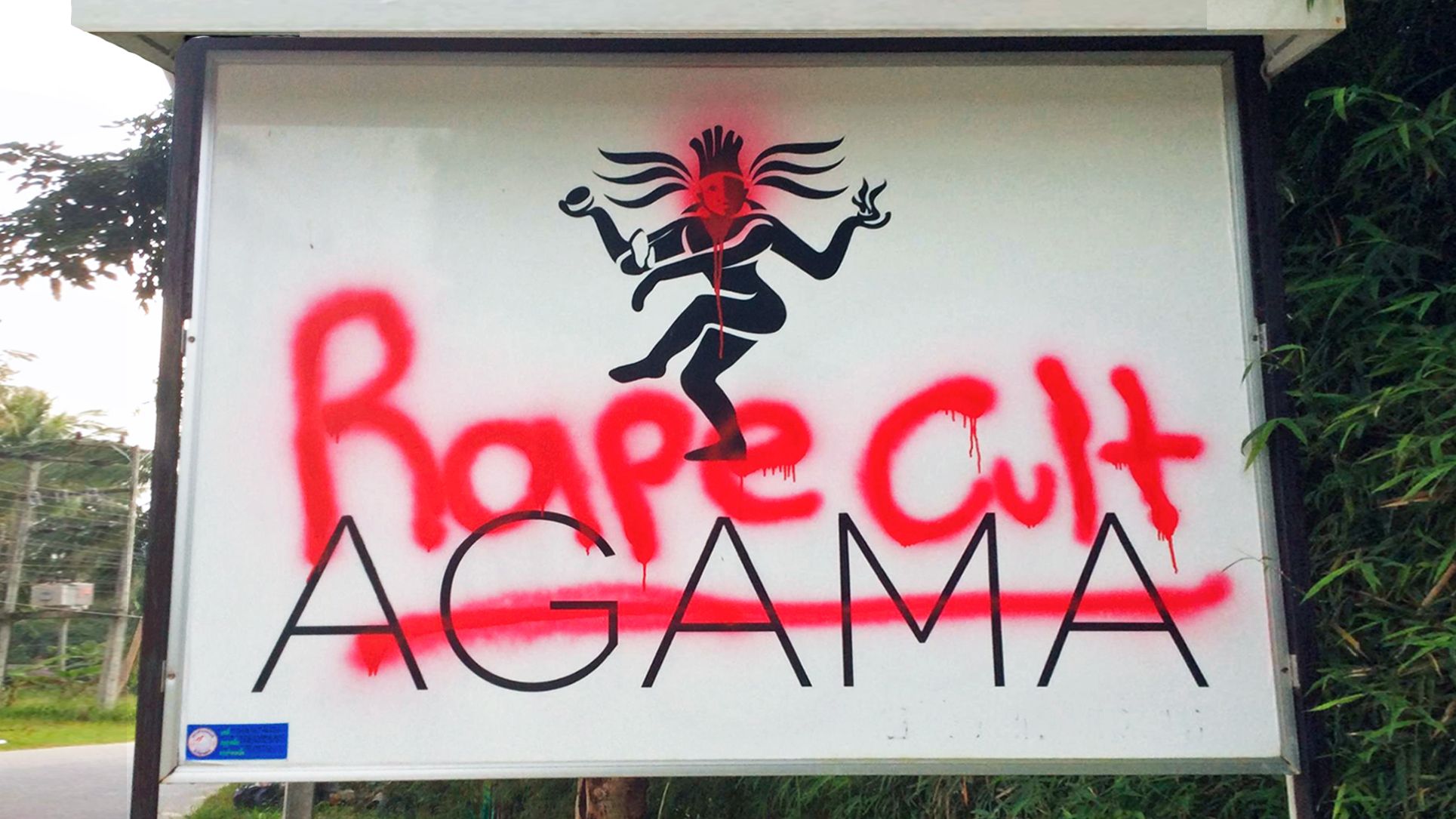 An unknown vandal sprayed “Rape Cult” over the Agama sign at the height of the scandal. Photo: Boycott Agama Yoga Group member
