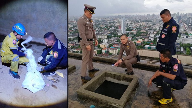 Investigators recover an unidentified body Sept. 1 from an abandoned building in Bangkok. Photos: Thai Rescue News / Facebook (left), Police Spokesperson’s Office / Courtesy (right)