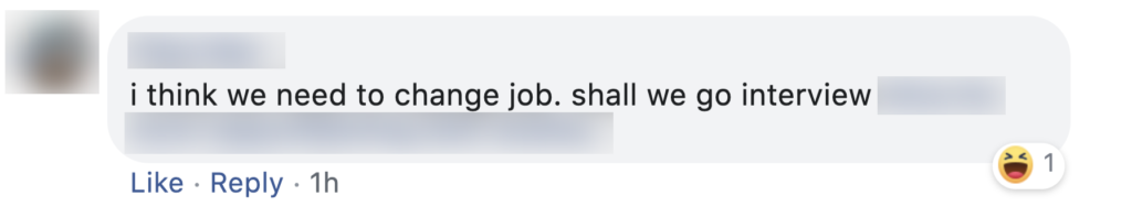 A Facebook comment on Swee Heng's job ad. 