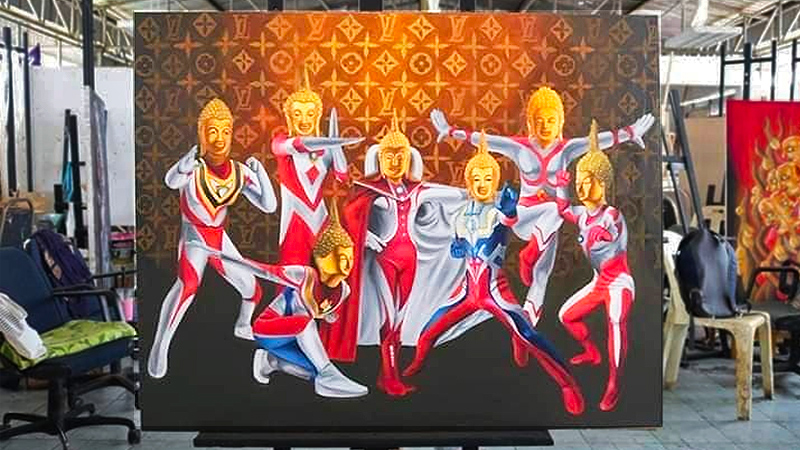One of the “Ultraman monks” paintings that’s become the subject of much criticism since last week. Photo: Praiwan Wanaboot / Facebook
