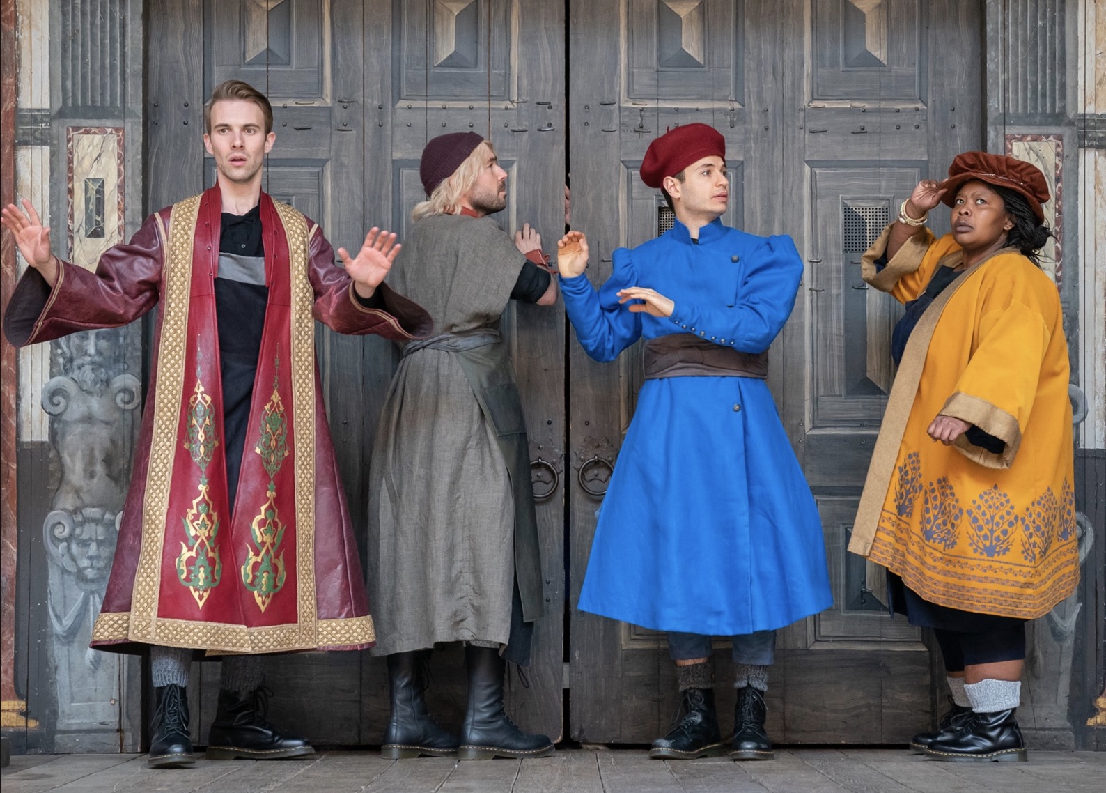 Globe on Tour, the Shakespeare Globe’s touring ensemble, performing a scene from the Bard’s play <em></noscript>Comedy of Errors</em>. Photo via Facebook.