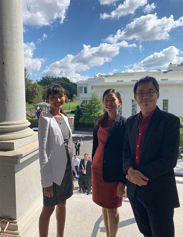 Thai pro-democracy activist Chonthicha Jaengraew, human rights lawyer Sirikan 'June' Charoensiri, and Yingcheep 'Pow' Atchanont of iLaw outside the White House.