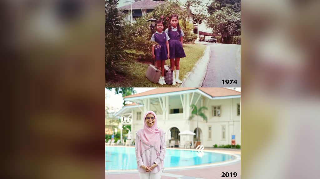Photos of Yafaridah Mohammed outside the site of the US Ambassador’s Residence in 1974 and 2019. Photo: US Embassy Singapore/fb