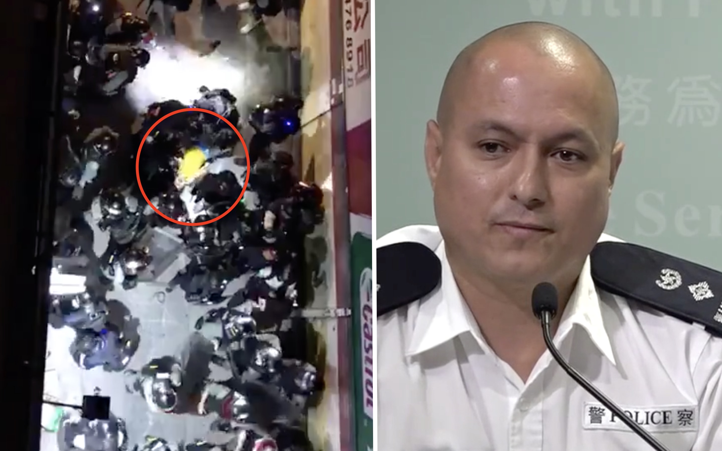 (Left) a screengrab from a video showing officers assault what appears to be a “protect the children” volunteer at a protest in Yuen Long on Saturday, July 21. (Right) Acting Senior Superintendent (Operations) Vasco Williams of New Territories North telling reporters at a police press briefing that it was a ‘yellow object’. Screengrabs via Twitter video and Apple Daily.