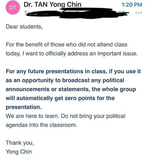 Screenshot Tan Yong Chin's email to City University of Hong Kong students. 