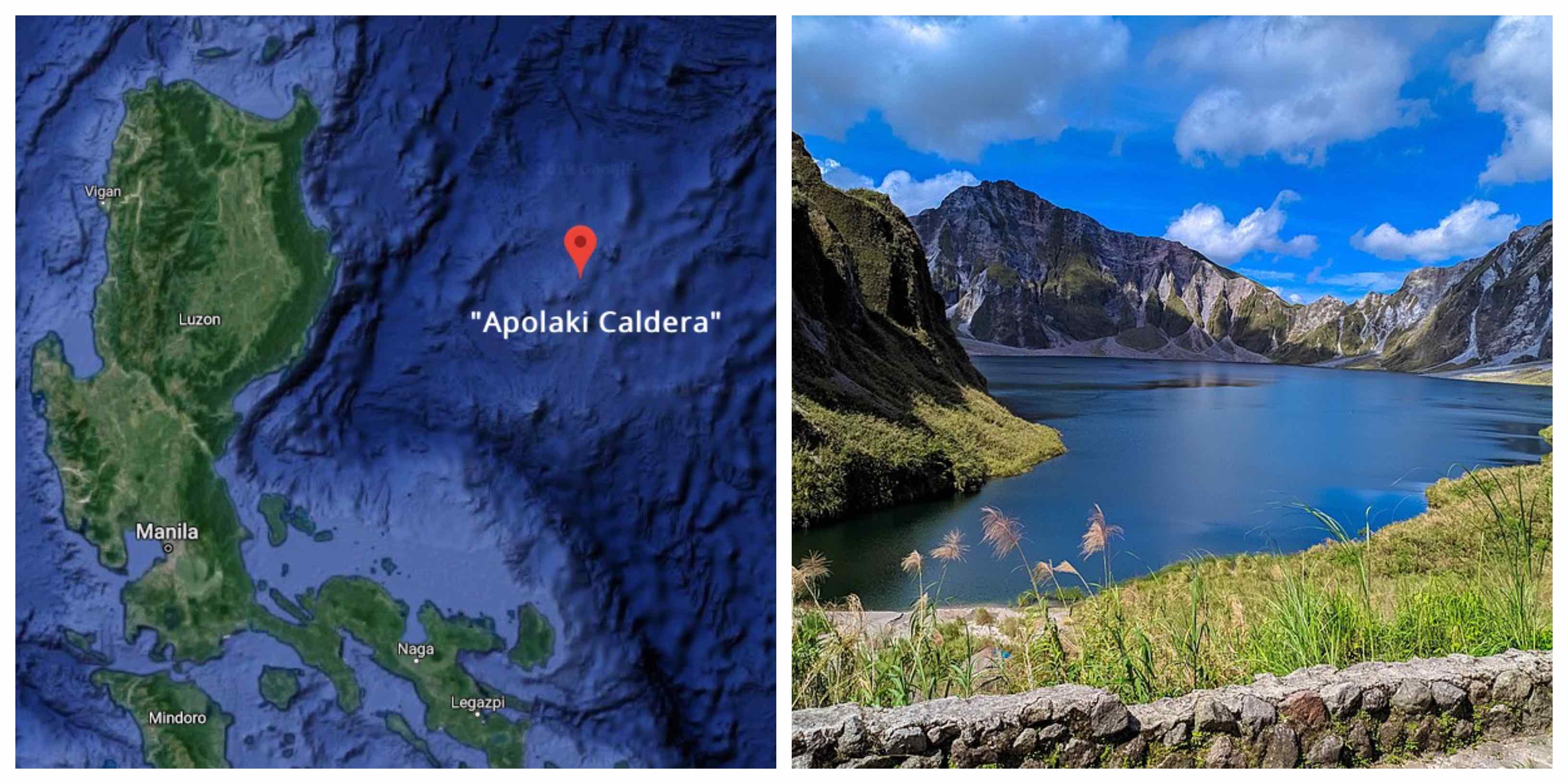 (L) Location of the Apolaki Caldera in the Philippine Rise <I></noscript>Photo: Google Maps</I> (R) An illustrative photo of Mt. Pinatubo, a caldera in Zambales <I>Photo: Wikicommons</I>