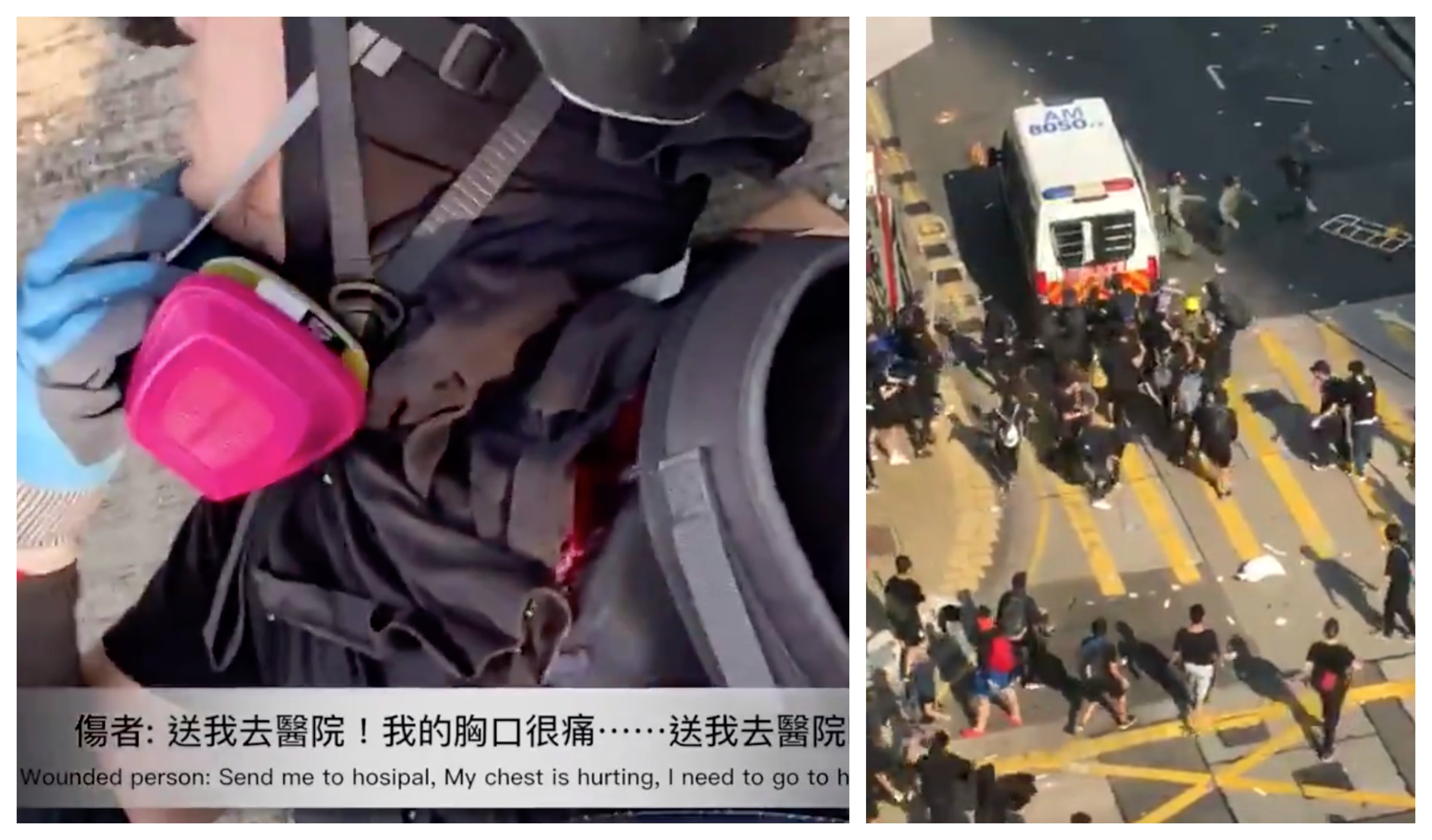 A man was allegedly shot in the chest by a live round in Tsuen Wan (left), and police fired warning shots in Yau Ma Tei (right) as National Day protests raged across the city. Screengrabs via Twitter.