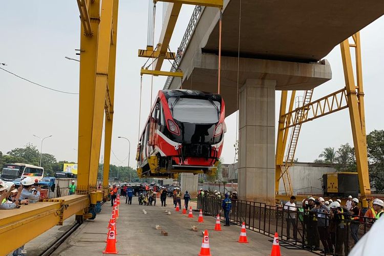 An LRT Jabodebek train carriage elevated onto an elevated railway track. Photo: PT Adhi Karya