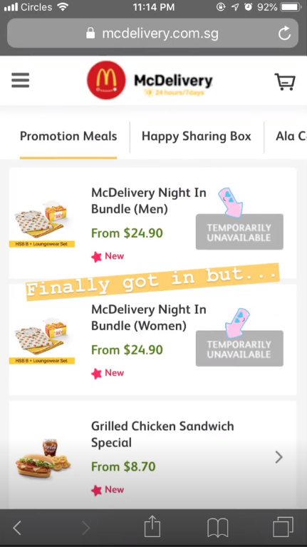 The McDelivery Night in Bundle sets were unavailable at about midnight. Image: @debblings/Instagram