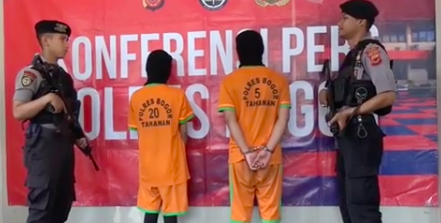 Alleged pimps Y (28) and GG (29) displayed to the public during a police press conference. Photo: Video screengrab from Instagram (@polresbogor)