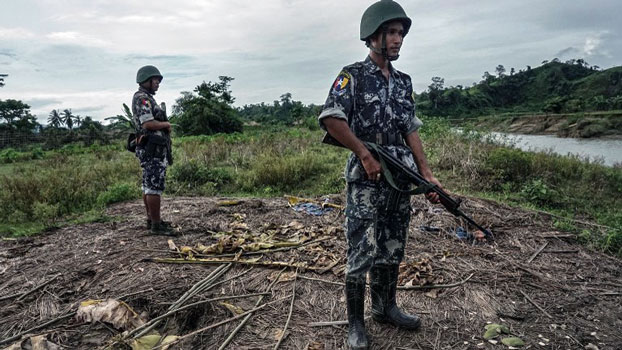 A July 2017 file photo of Myanmar border police in Tinmay village of Buthidaung township in Myanmar’s Rakhine state. Photo: AFP