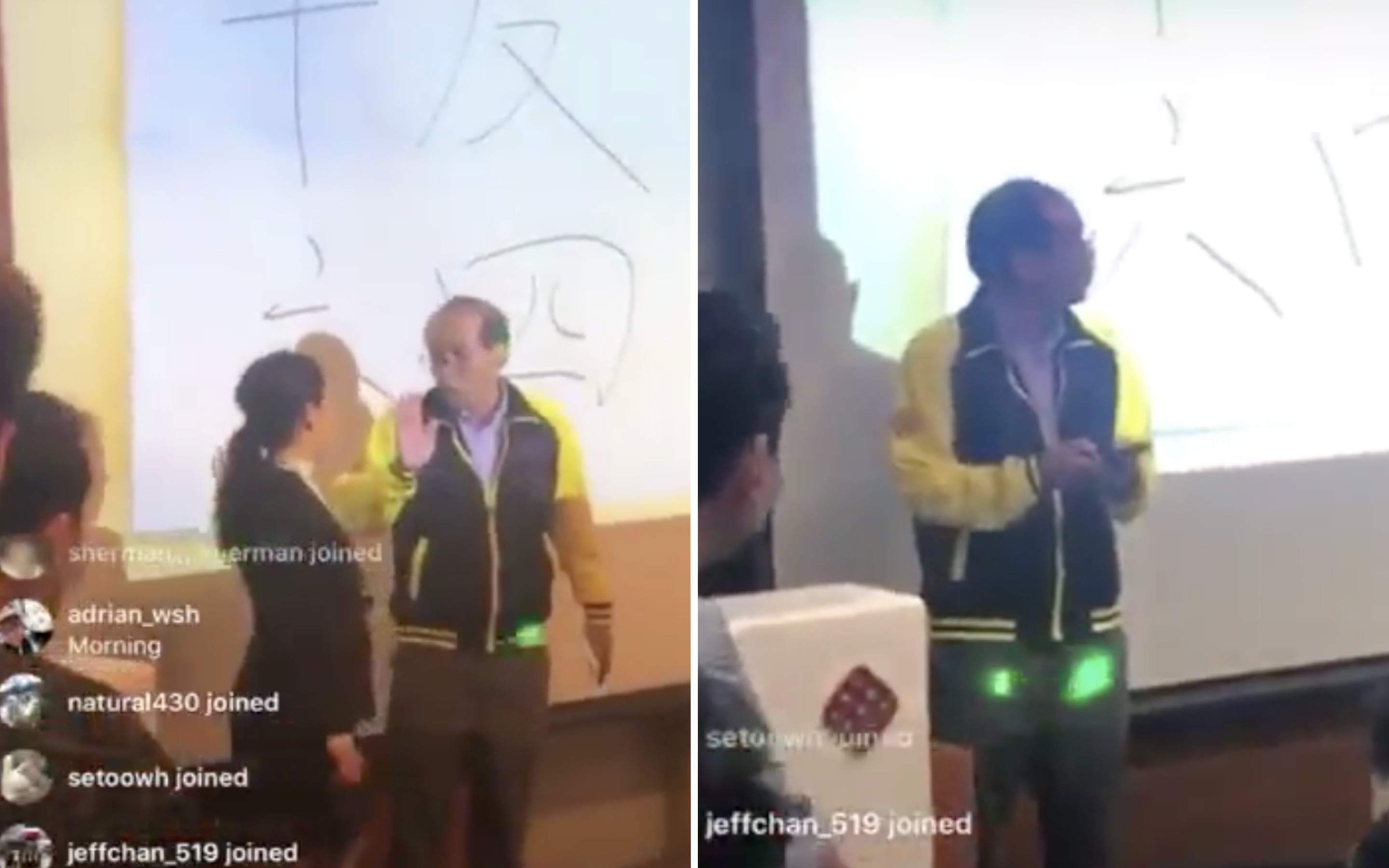 Chan Wai-keung, a college professor getting held up by students because of comments he made supporting harsher penalties for those arrested during anti-government protests. Screengrabs via Twitter video.