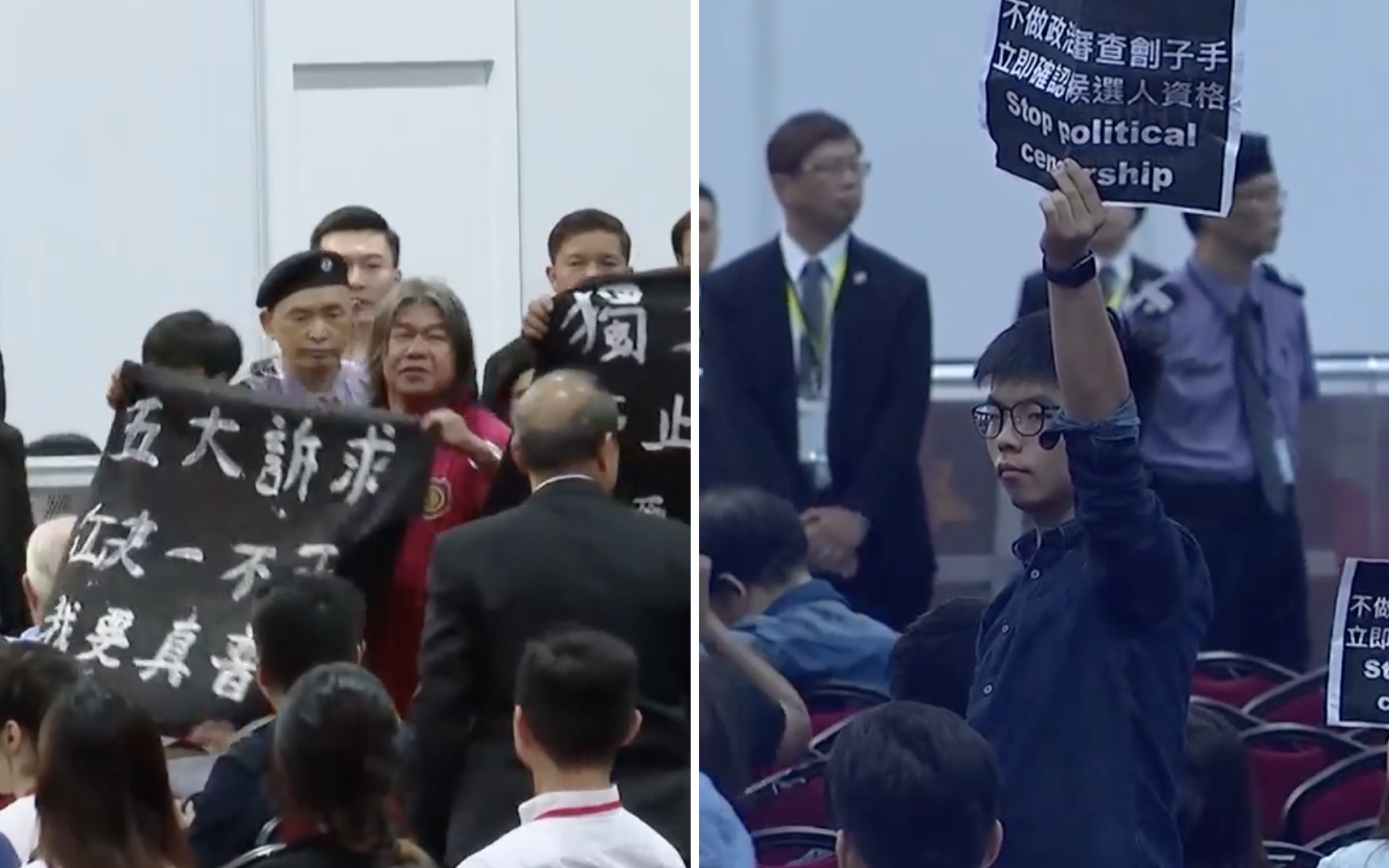 Leung Kwok-hung and Joshua Wong joined pro-democracy candidates in disrupting a briefing for district council elections candidates after elections officials failed to make a decision on Wong’s candidacy for district council. Screengrabs via Facebook/RTHK.
