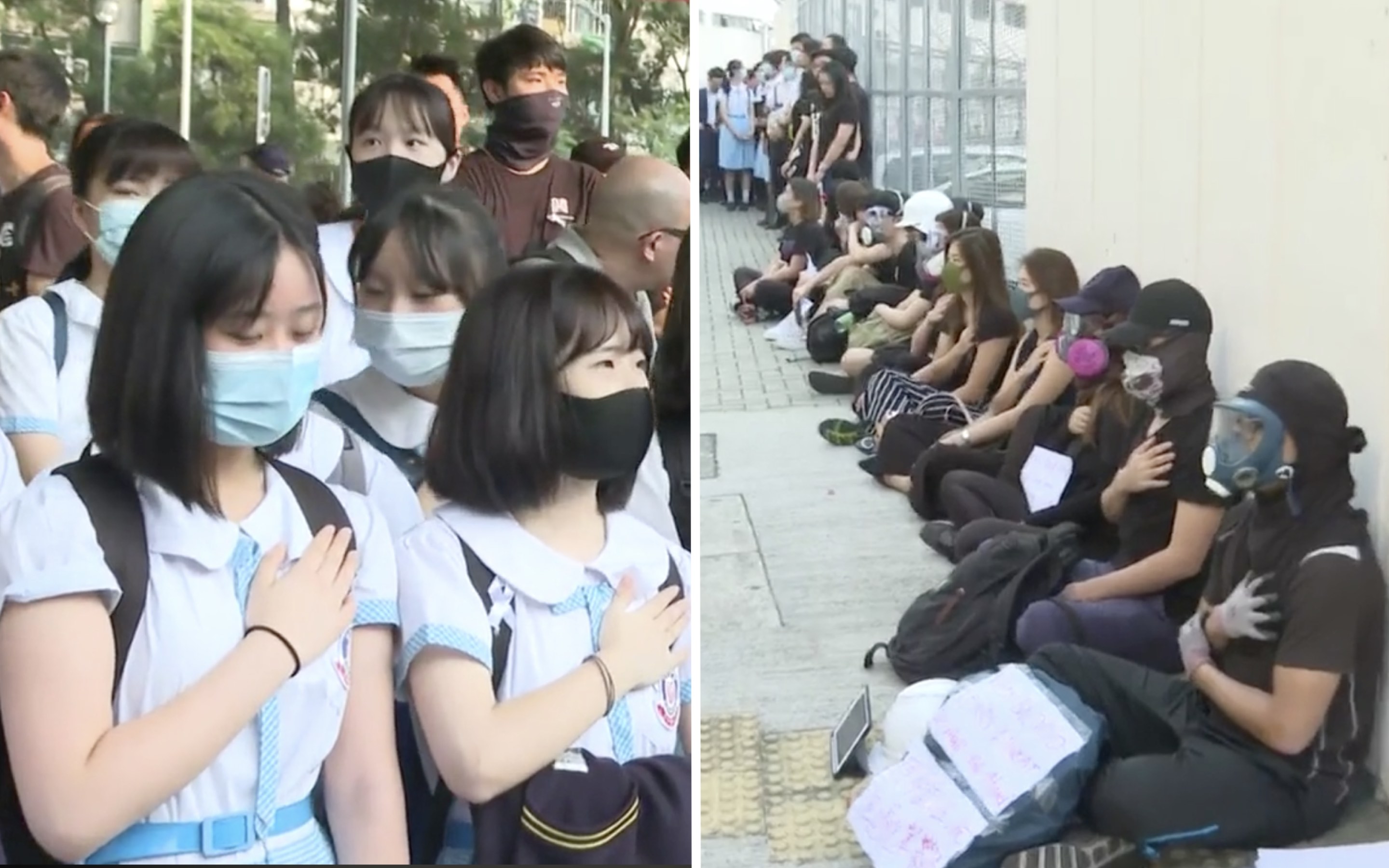 People gathered outside a Tsuen Wan high school place their hand on their chest in solidarity with a student who was shot in the chest at close range by a police officer during yesterday’s National Day protests. Screengrab via Facebook/RTHKRTHK 