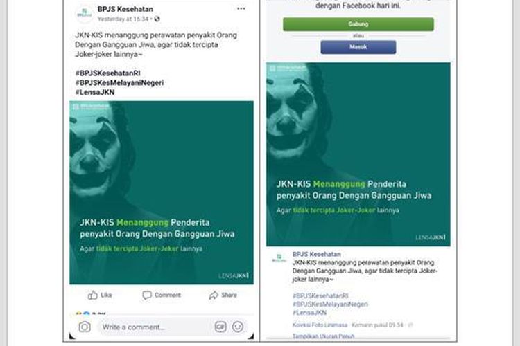Screenshots of BPJS Kesehatan’s controversial Joker post via Kompas