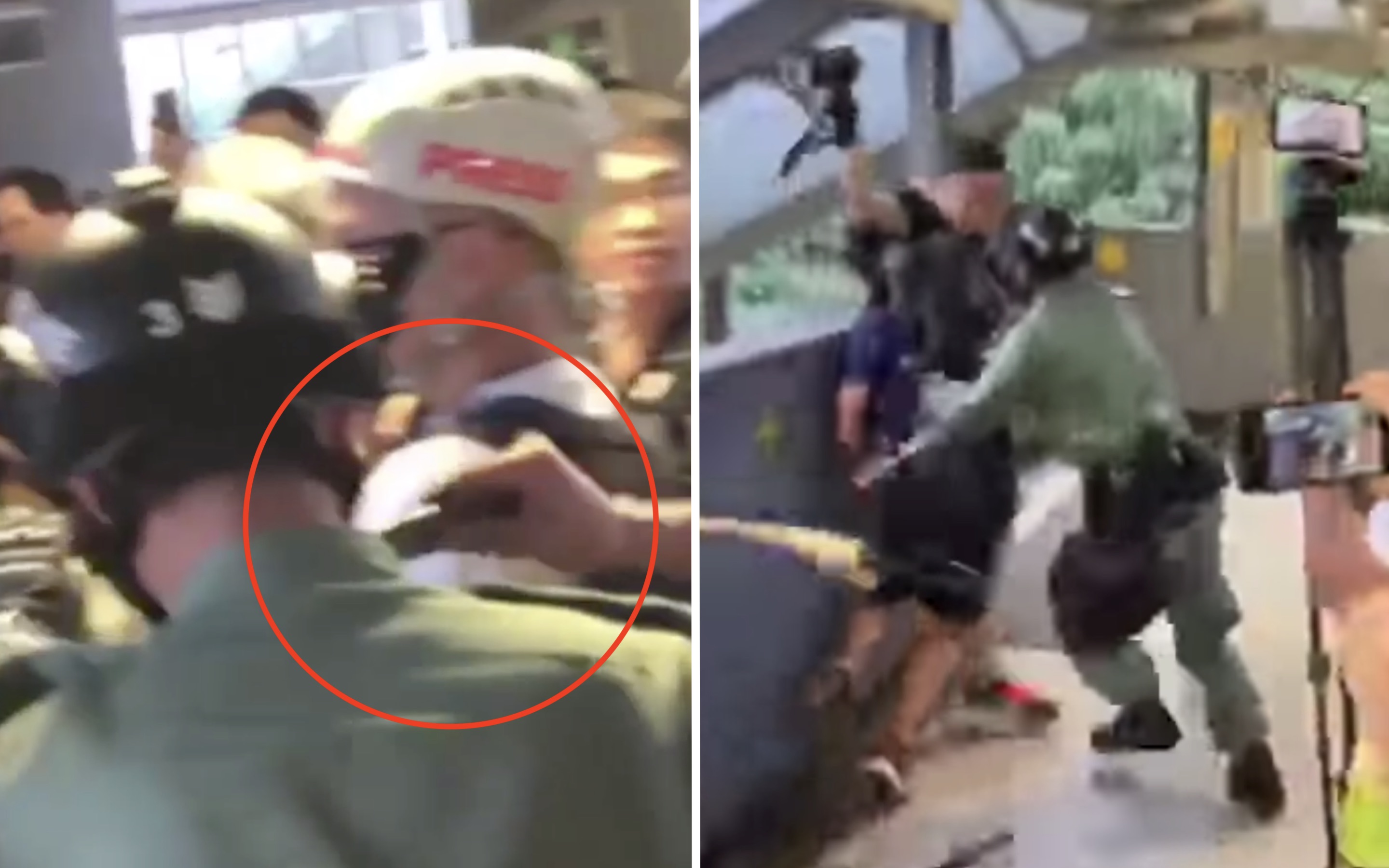 The moment someone uses ‘a sharp object’ to cut the neck of a police officer outside Kwun Tong MTR station. Screengrab via Facebook video/Ming Pao and YouTube.