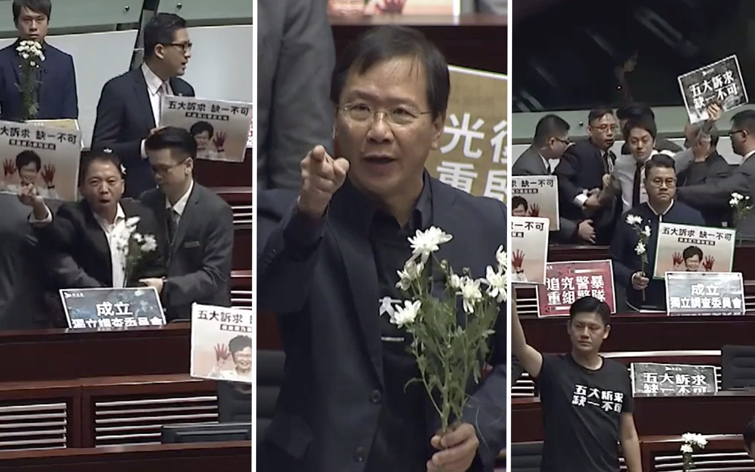 (From left to right) Pro-democracy lawmakers Wu Chi-wai, Kwok Ka-ki, and Ted Hui were told to leave the Legislative Council chamber for disrupting Carrie Lam’s policy address Q&A with lawmakers. Screengrabs via Apple Daily.