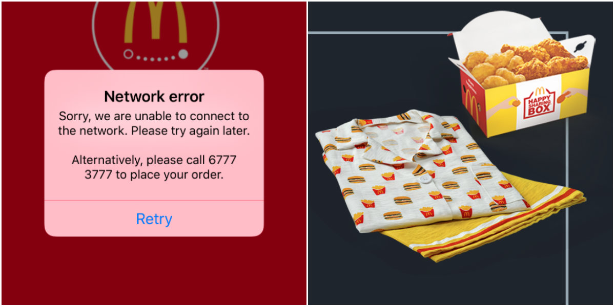 At left, McDonald’s delivery app shows an error message. At right, the limited edition McDonald’s loungewear set. Images: McDelivery app/McDonald’s Singapore website