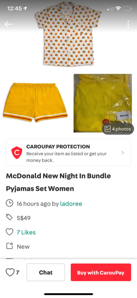 McDonald's pajamas on sale on Carousell.