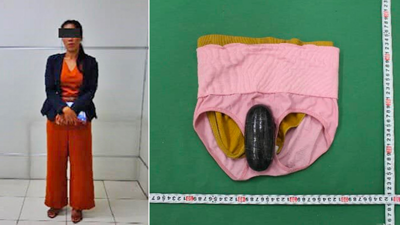 At left, an unidentified woman arrested for smuggling meth aka ‘yaa ice.’ At right, one of the drug packages and the accompanying underwear in which it was found. Photo: Narcotics Control Board 
