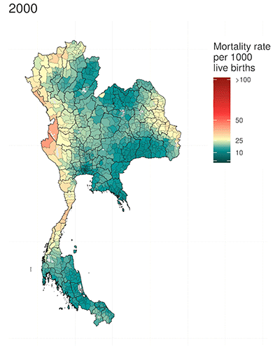 Child mortality rates per 1,000 births in Thailand in 2000 and 2017. Image: Institute for Health Metrics and Evaluation, University of Washington