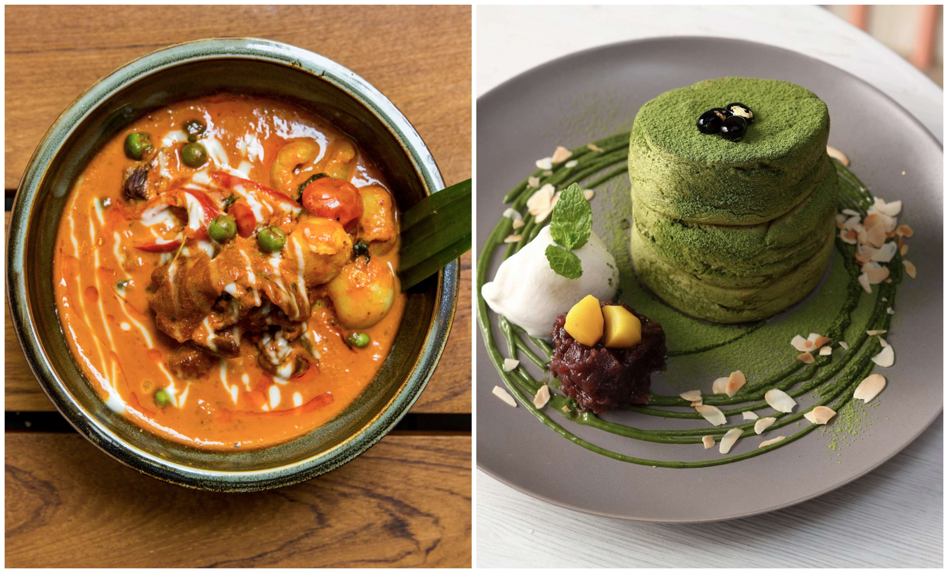 The duck and lychee red curry at Ruam (left), and the matcha fluffy pancakes at Micasadeco (right). Photos via Ruam/Micasadeco.