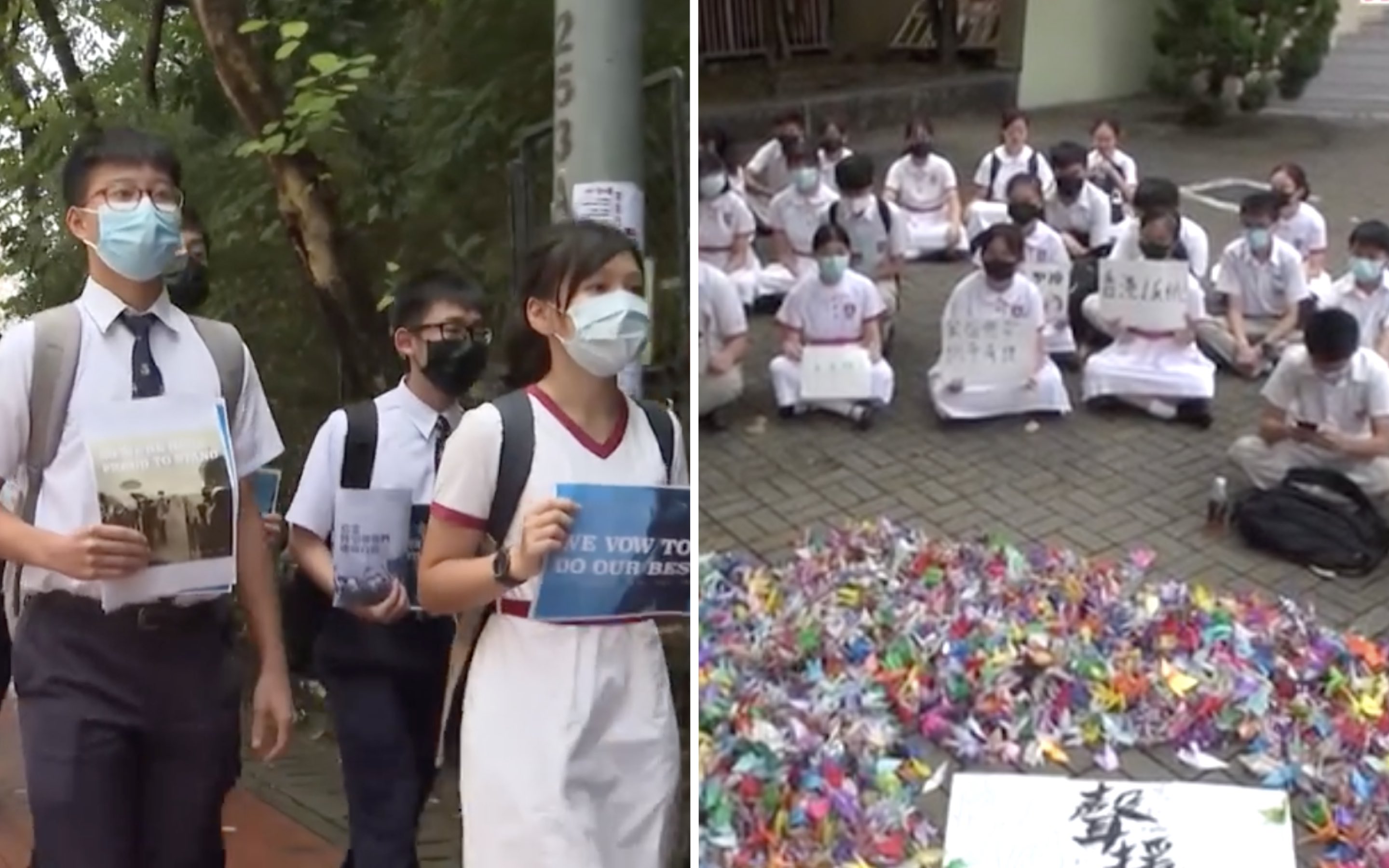 Students in all parts of the city defy a ban on face masks in public after the authorities announced that they would be asking schools to report the number of students wearing face masks. Screengrabs via Facebook video/RTHK and Apple Daily video.