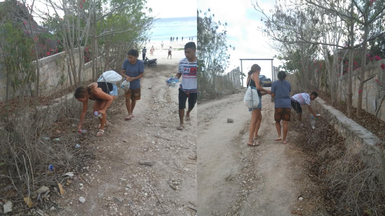 The foreign woman and her friends, who appear to be local residents, were picking up trash at a beach in Sumba, East Nusa Tenggara. Photo: Servulus Bobo Riti / Facebook