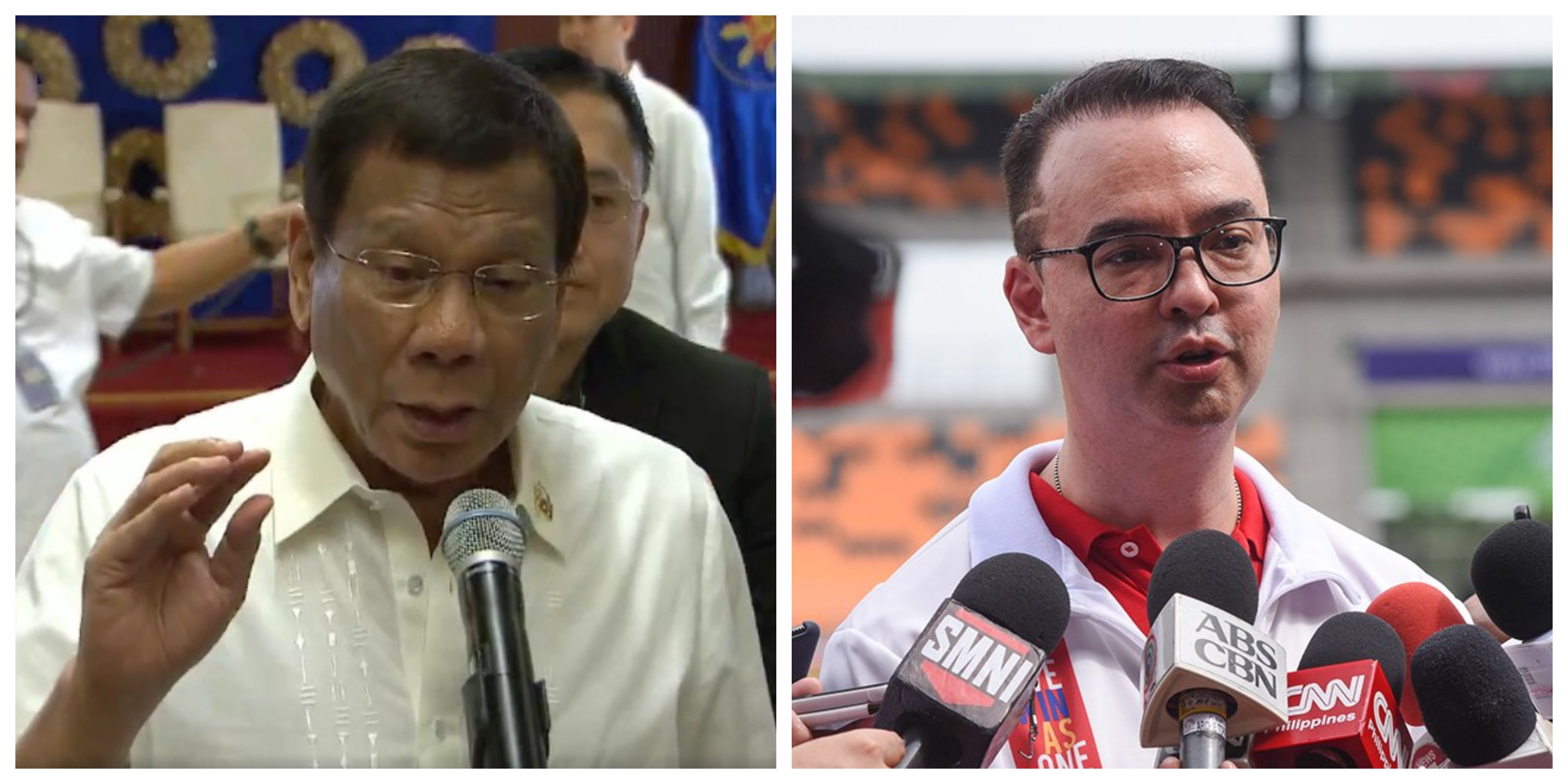 President Rodrigo Duterte and Congressman Alan Peter Cayetano. <i></noscript>Photo: Screenshot from RTVM video; George Calvelo / ABS-CBN News</i>