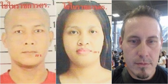 Ton Nintet, Sirinapa Wisetrit and Bart Allen Helmus, from left, are accused of stabbing a police officer to escape the Pattaya Provincial Court on Monday.
