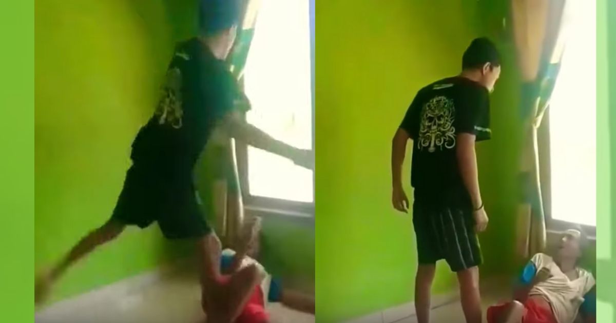 In the 30-second video, the 22-year-old small-time Youtuber Iyus Sinting was seen kicking and hitting his grandfather, 65-year-old Wasidi, while the latter was on the floor and pleading for mercy. Screenshot from Youtube