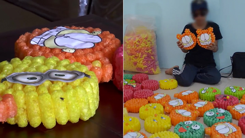 A 15-year-old was arrested by counterfeit police for making krathongs from copyright cartoon characters. Screenshot: Thairath / Twitter and Amarin TV / Youtube