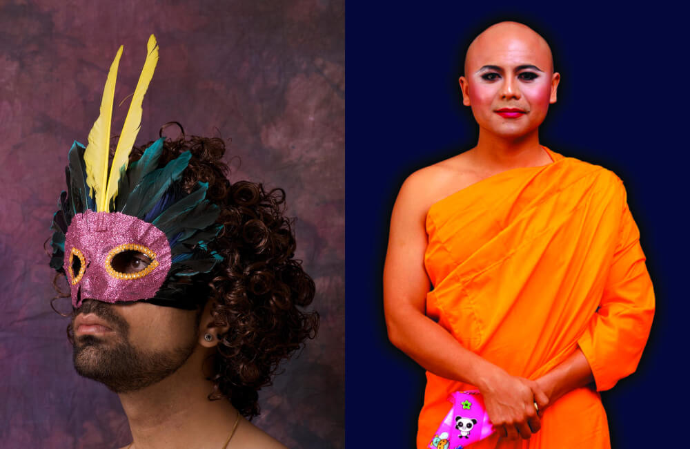 ‘The New Pre-Raphaelites’ by Indian-born artist Sunil Gupta, at left, and ‘Portrait of a Man in Habits 1’ by Thai-American artist Michael Shaowanasai, at right.