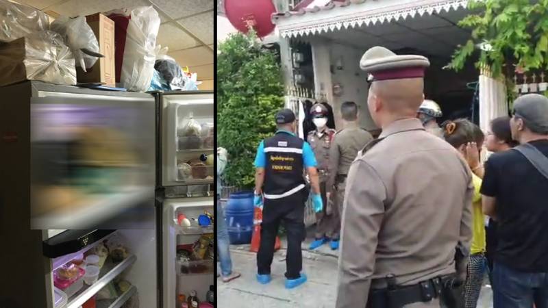 The refrigerator where the body was found in southwest Bangkok, at left. Photo: Police News. At right, the house where the woman’s remains were found. Image: Morning News