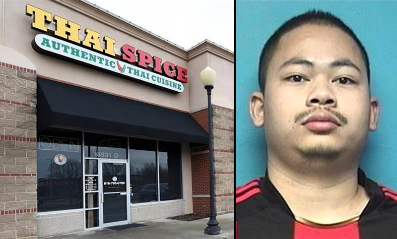 The exterior of the Thai Spice restaurant in the U.S. state of Missouri, where 25-year-old Porntrep Phonjaroenthe, at right, is accused of killing his cousin. Photos: Siamtown US