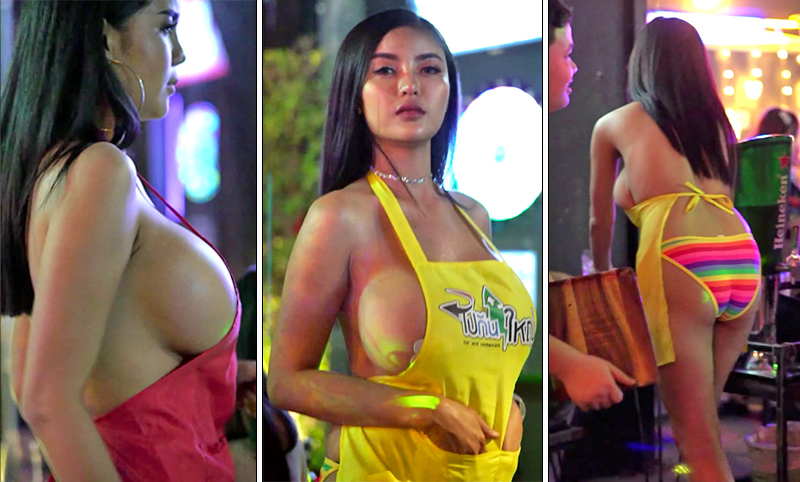 The women and outfits they were hired to wear by a Bangkok restaurant in still images taken from a video. Images: Social Hunter / Facebook