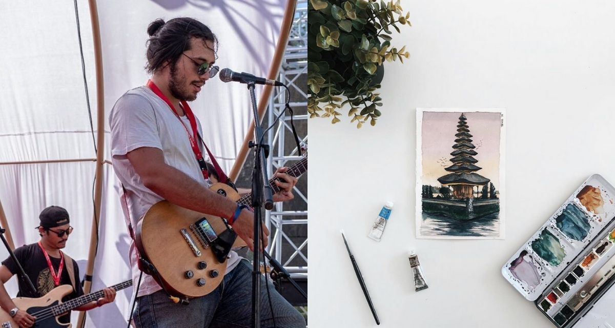 Left: Manja during performance. Right: Watercolor painting of a Balinese temple by Yenti Amelia. Photos: Facebook and Instagram
